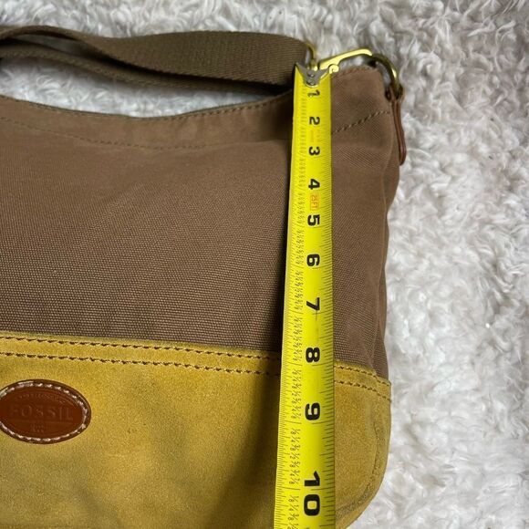 Fossil Brown canvas and yellow mustard suede medium shoulder/crossbody bag . - Picture 9 of 13